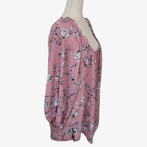 Adrienne Vittadini Rose Floral 3/4 Puffy Sleeve Ruffle Shoulder Chiffon Blouse - Picture 2 of 8